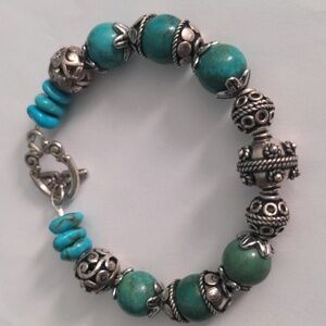 New Silver & Blue Turquoise Beaded Bracelet, Bali Inspired, 7 1/2" Long Genuine